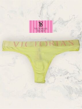 Victoria's Secret Size M Neon Yellow Thong Panty with Pale Pink Logo Waistband